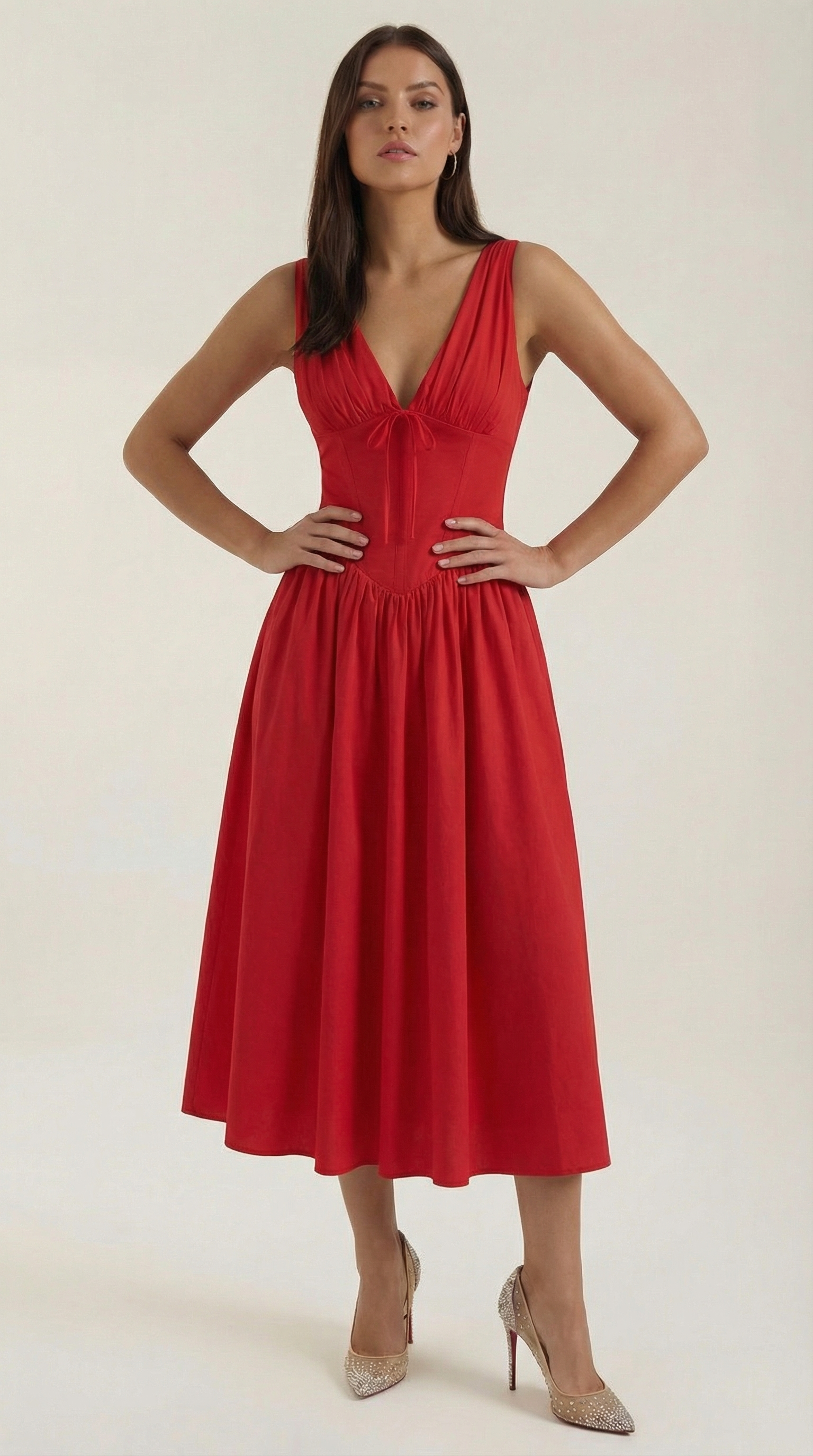 Robe midi décolletée en V profond taille haute avec dos nu pour femme