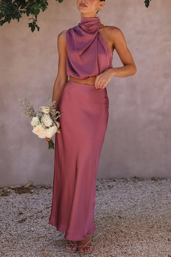 Two-Piece Women's Satin Set with Halter Top and Long Party Skirt