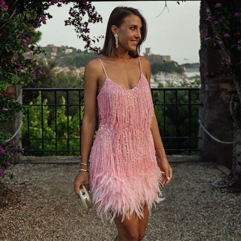 Fitted Mini Sequin Dress with Fringe and Feather Details and V-Neckline