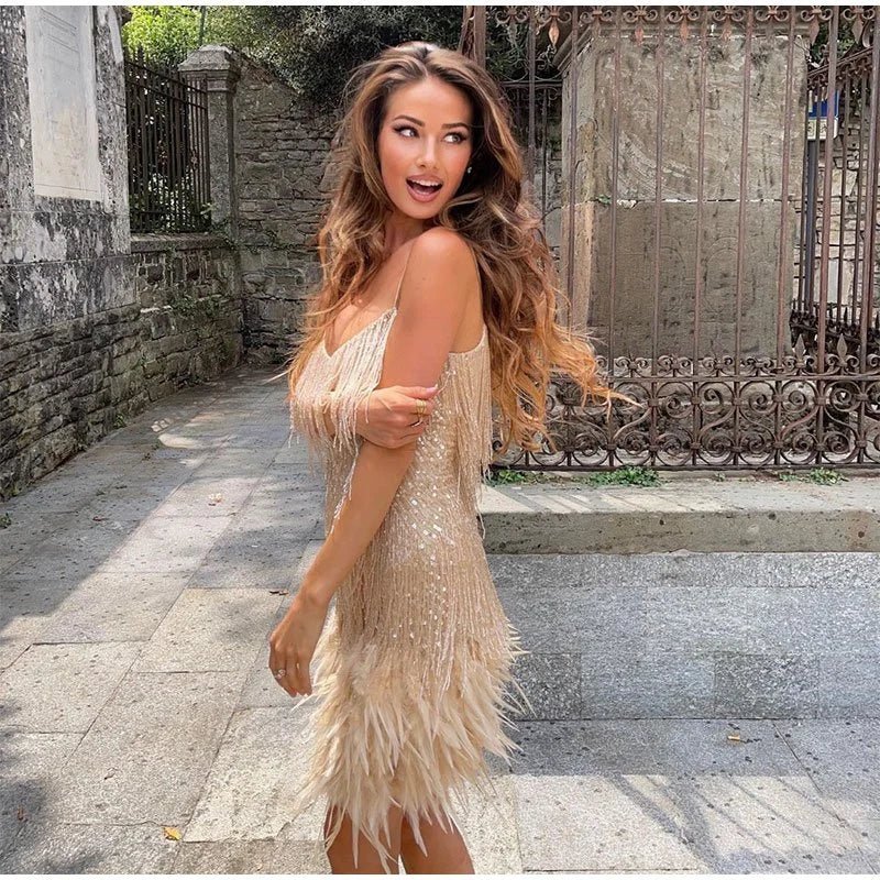 Fitted Mini Sequin Dress with Fringe and Feather Details and V-Neckline