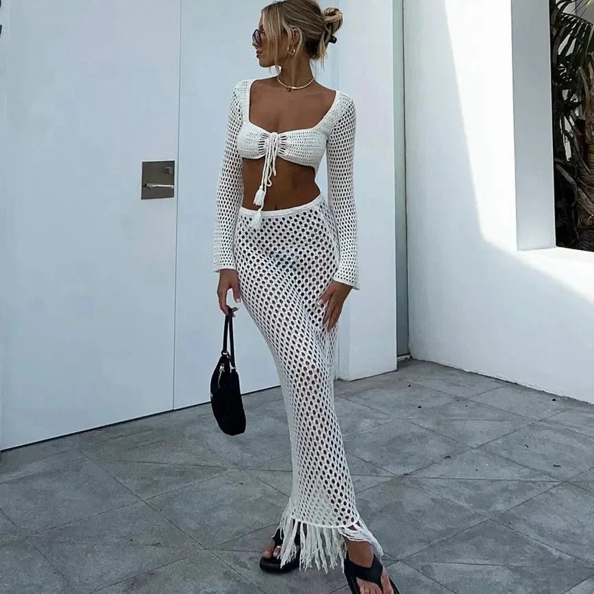Conjunto de saia e top de crochet com manga comprida e cobertura para praia