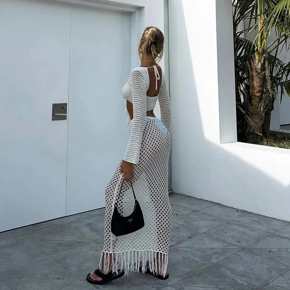 Conjunto de saia e top de crochet com manga comprida e cobertura para praia