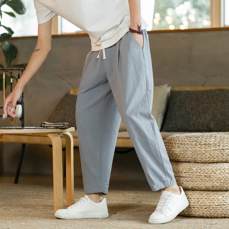 Pantalones de Lino para Hombre con Cintura Elástica y Corte Tapered Recortado