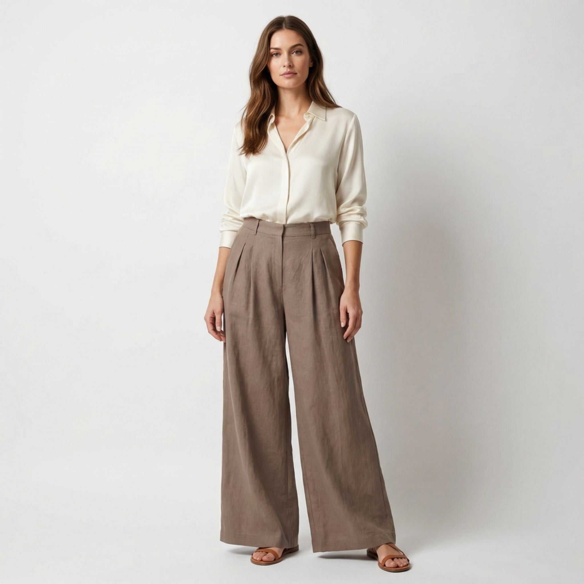 Pantalones de Mujer de Pierna Ancha con Pinzas Delanteras y Bolsillos