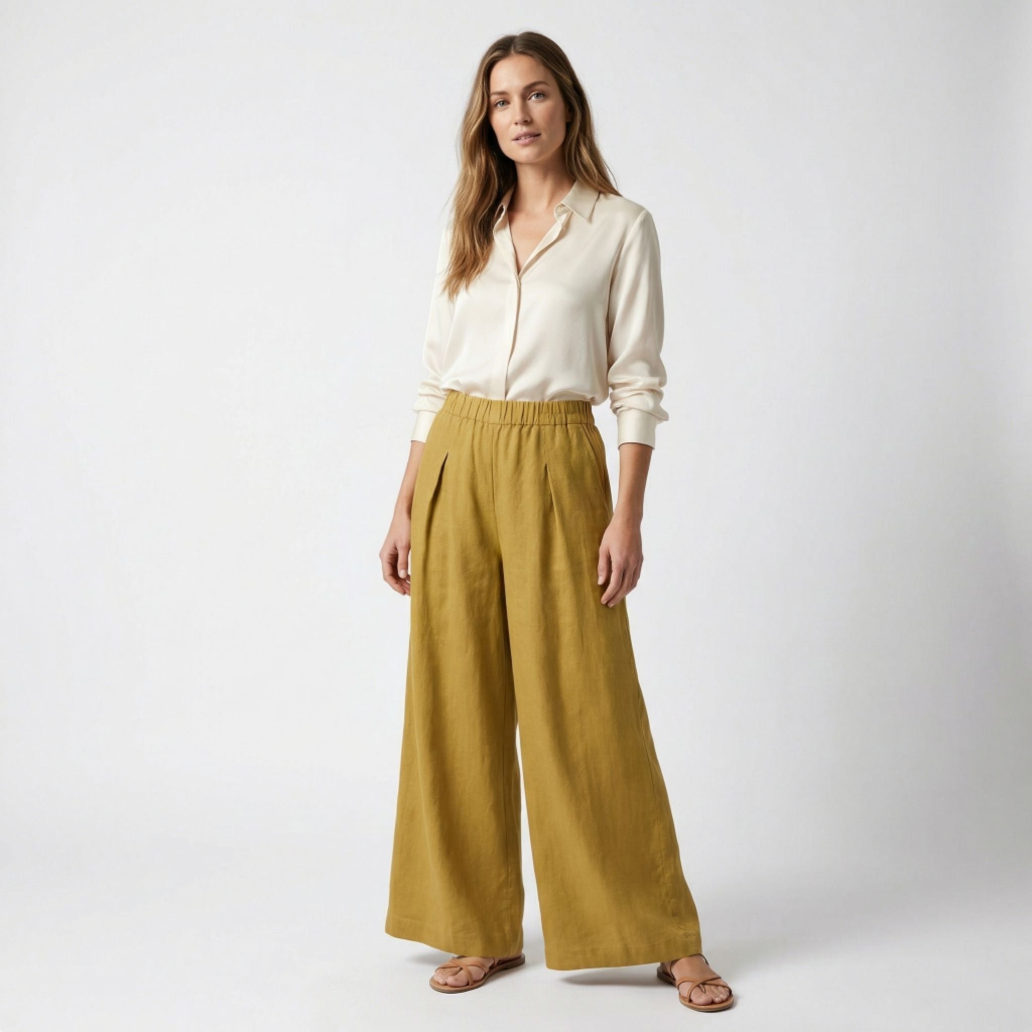 Pantalones de Mujer de Pierna Ancha con Pinzas Delanteras y Bolsillos