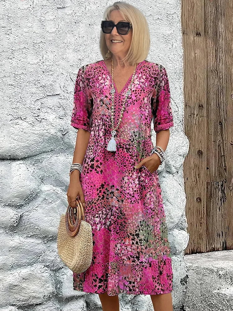 Vestido midi estampado mujer — corte en a con cuello en v — diario