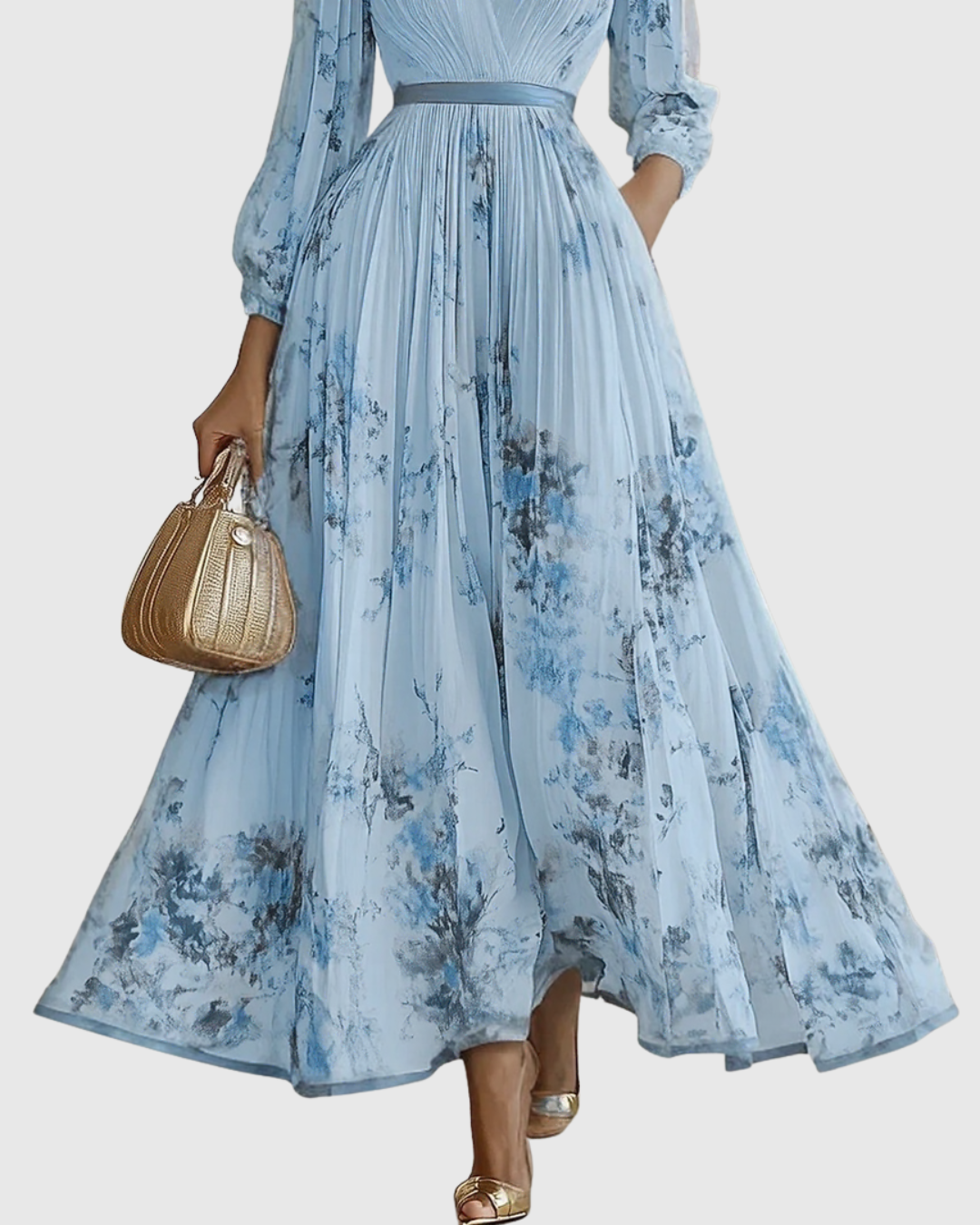 Vestido midi com decote em V — saia plissada e bolsos — eventos