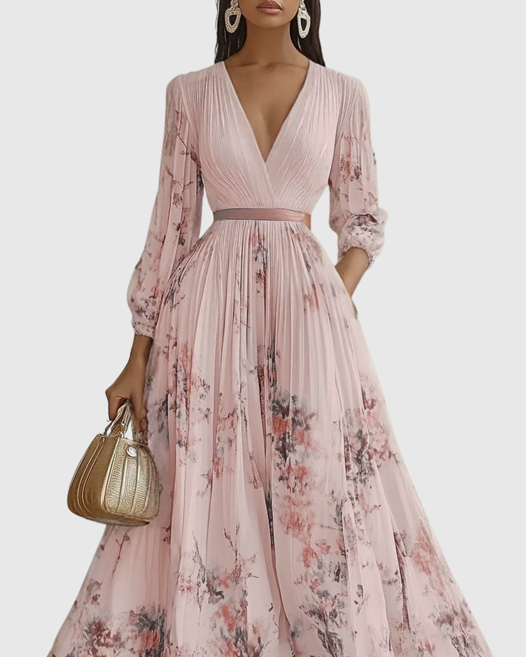 Vestido midi com decote em V — saia plissada e bolsos — eventos