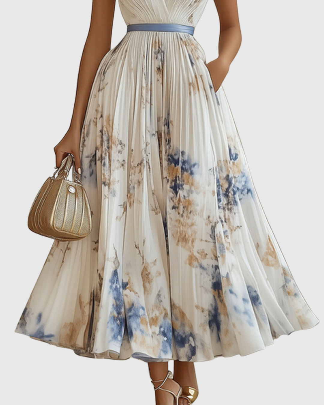 Vestido midi com decote em V — saia plissada e bolsos — eventos