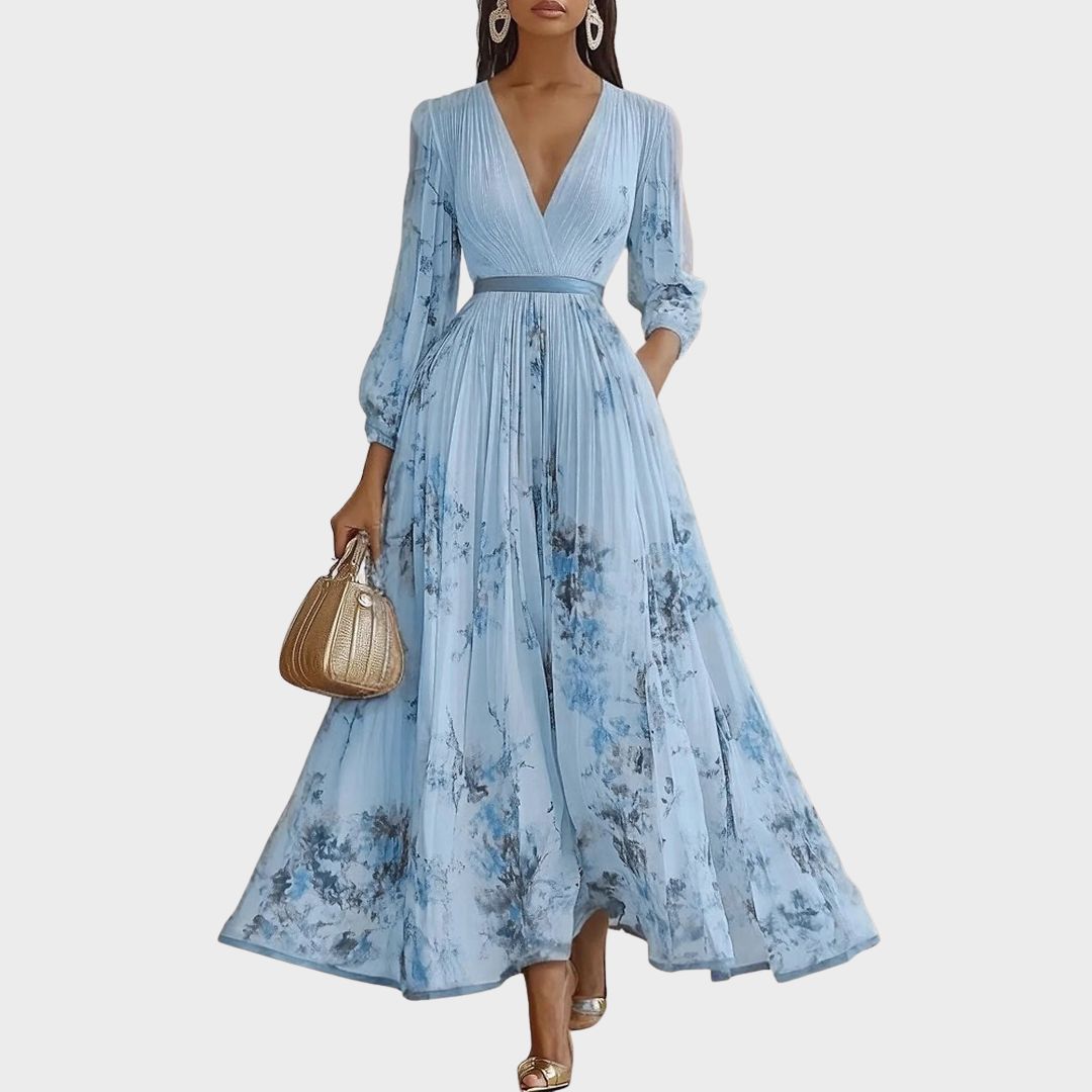 Vestido midi com decote em V — saia plissada e bolsos — eventos