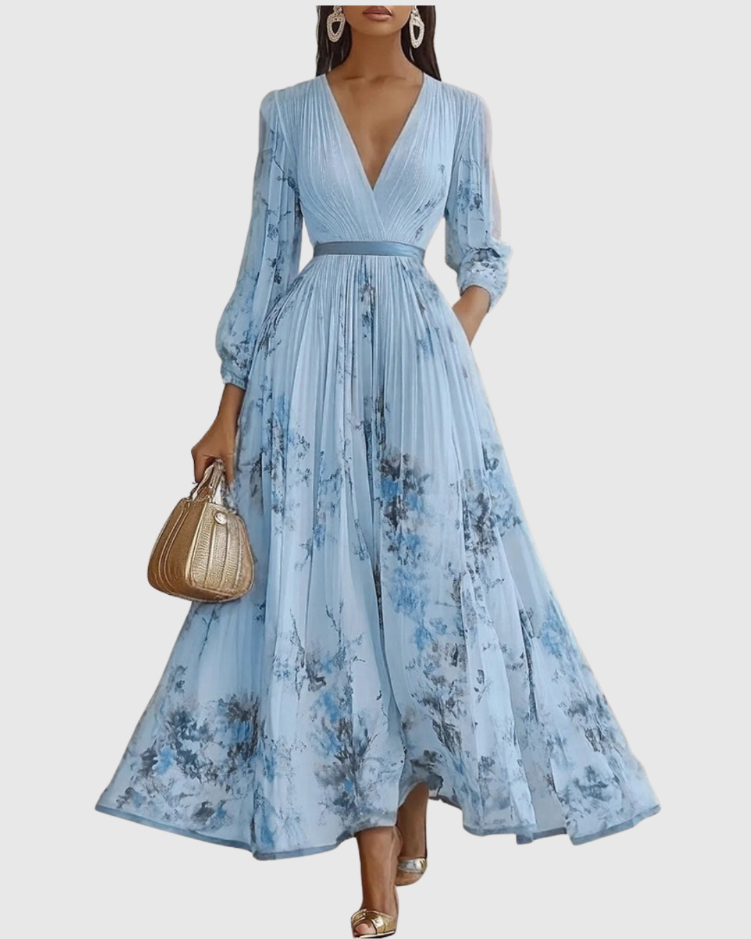 Vestido midi com decote em V — saia plissada e bolsos — eventos