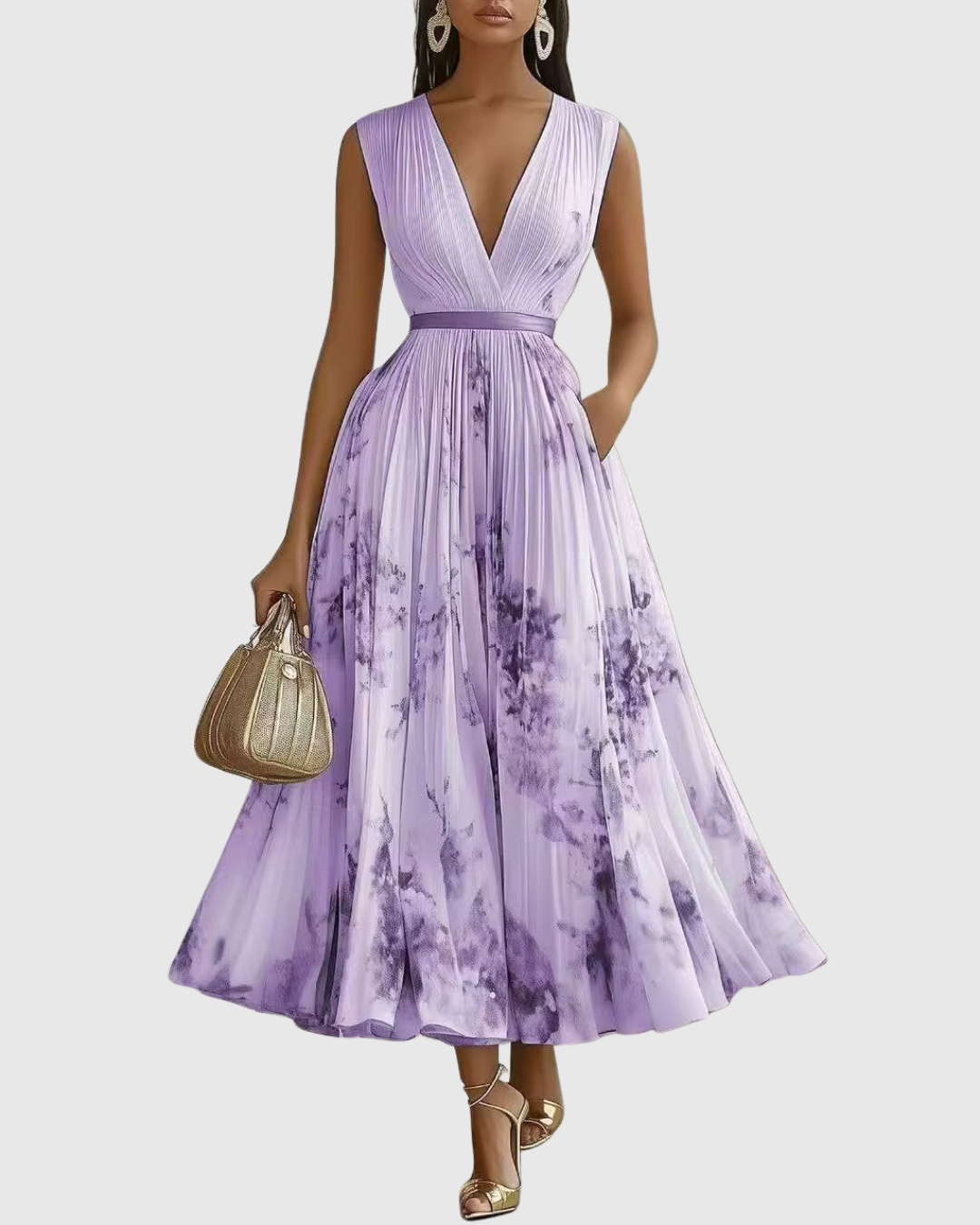 Vestido midi com decote em V — saia plissada e bolsos — eventos